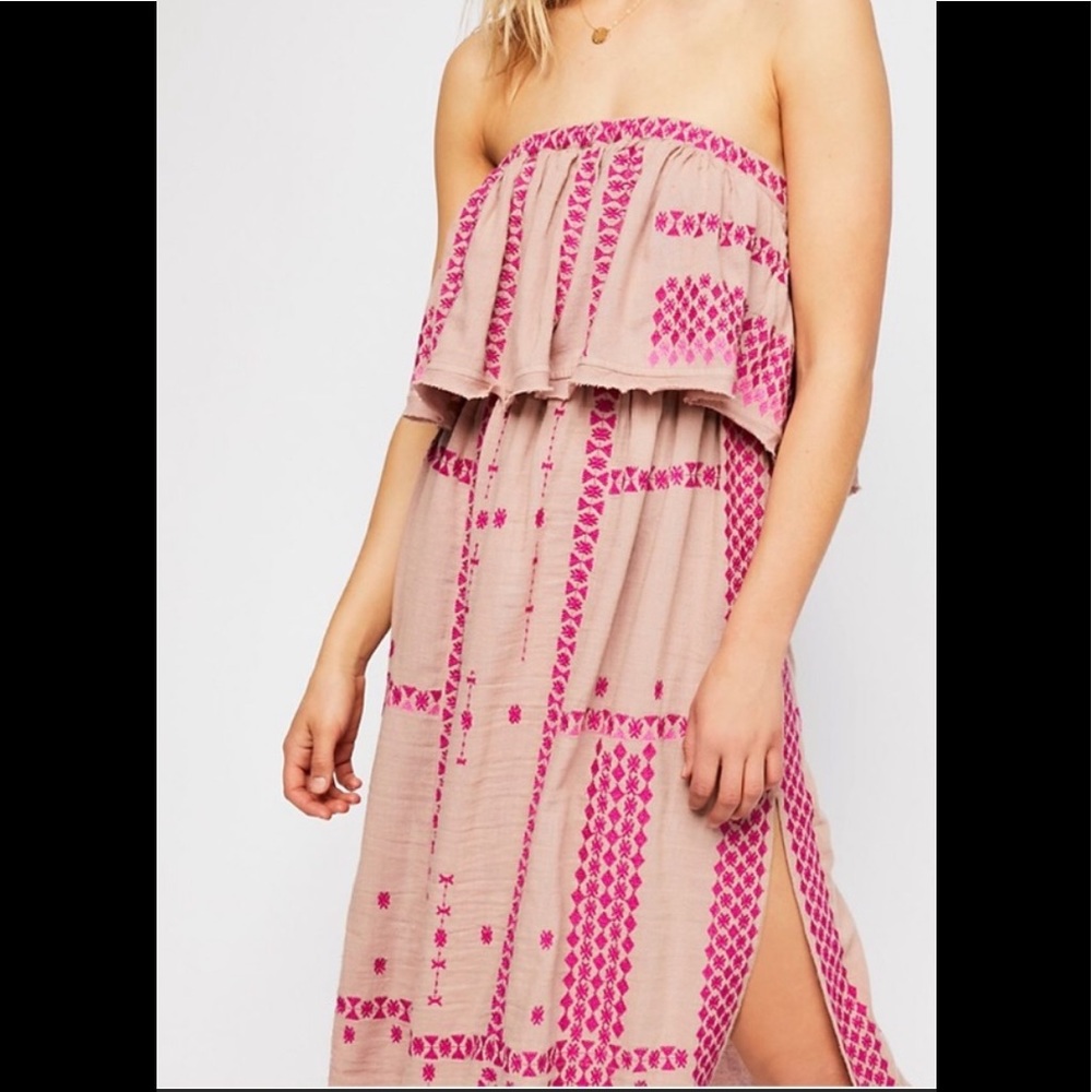 Free People strapless pink embroidered midi dress